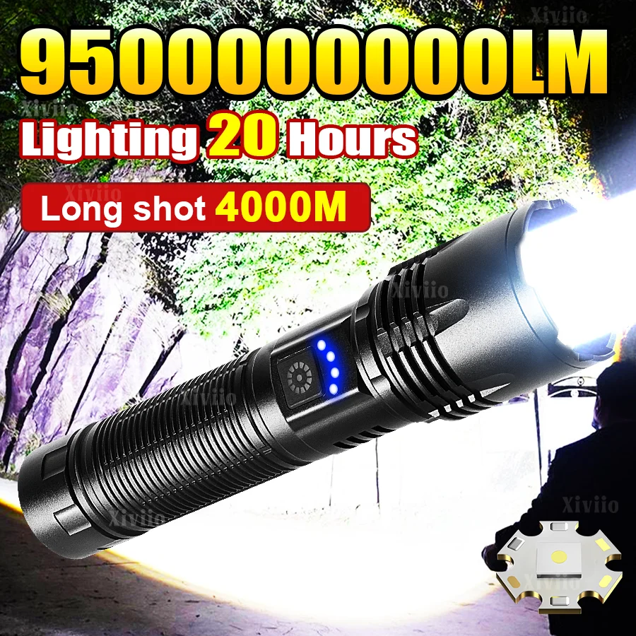 2026 High Power LED Flashlight 95000000LM Strong Light LED Flashlight Rechargeable Long Range 4000M Torch Light Camping Lantern