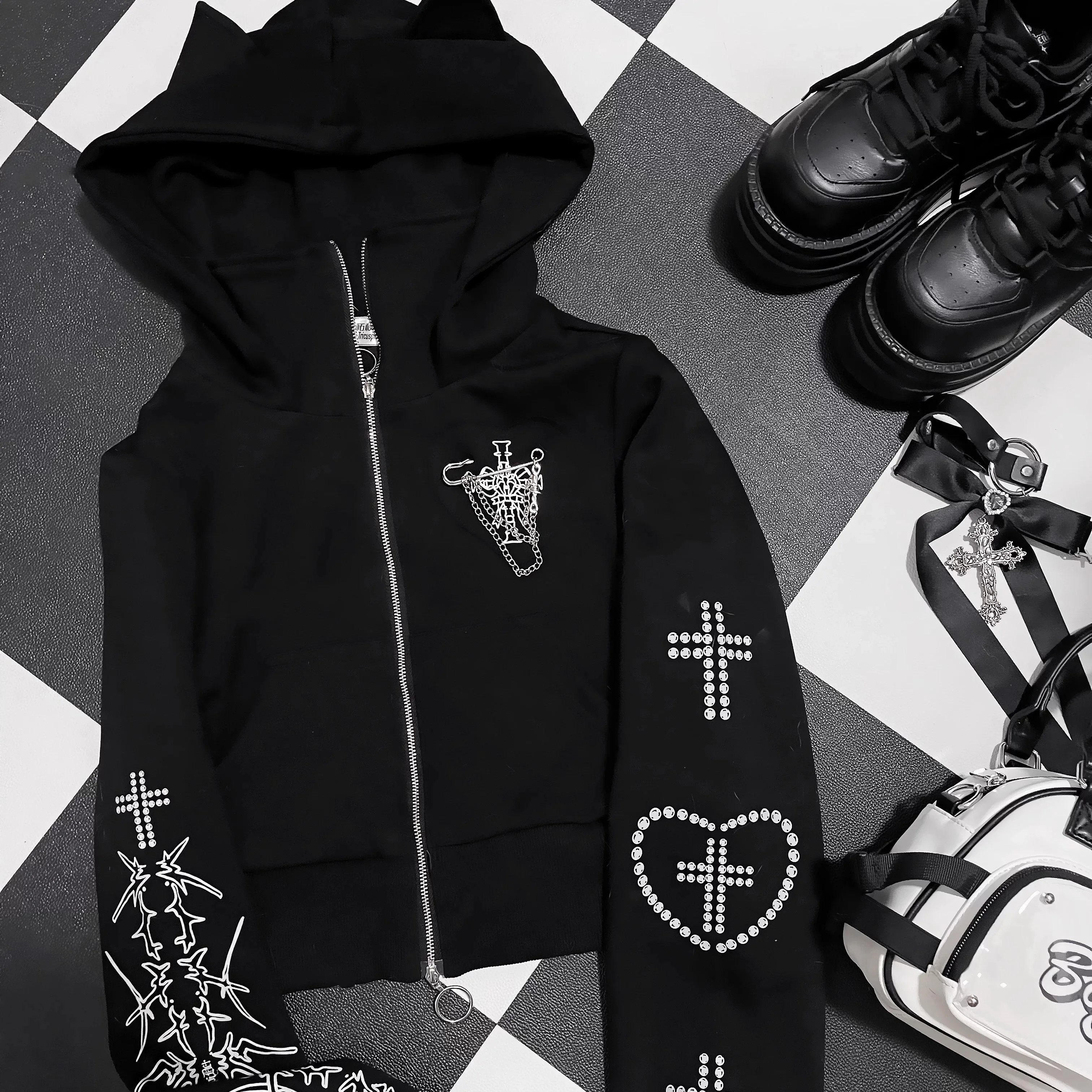 Original Subculture Gothic Black Zipper Hooded Cardigan Jacket Autumn and Winter New Girls' Sweet Cool Slim-Fit Y2k Short Coat