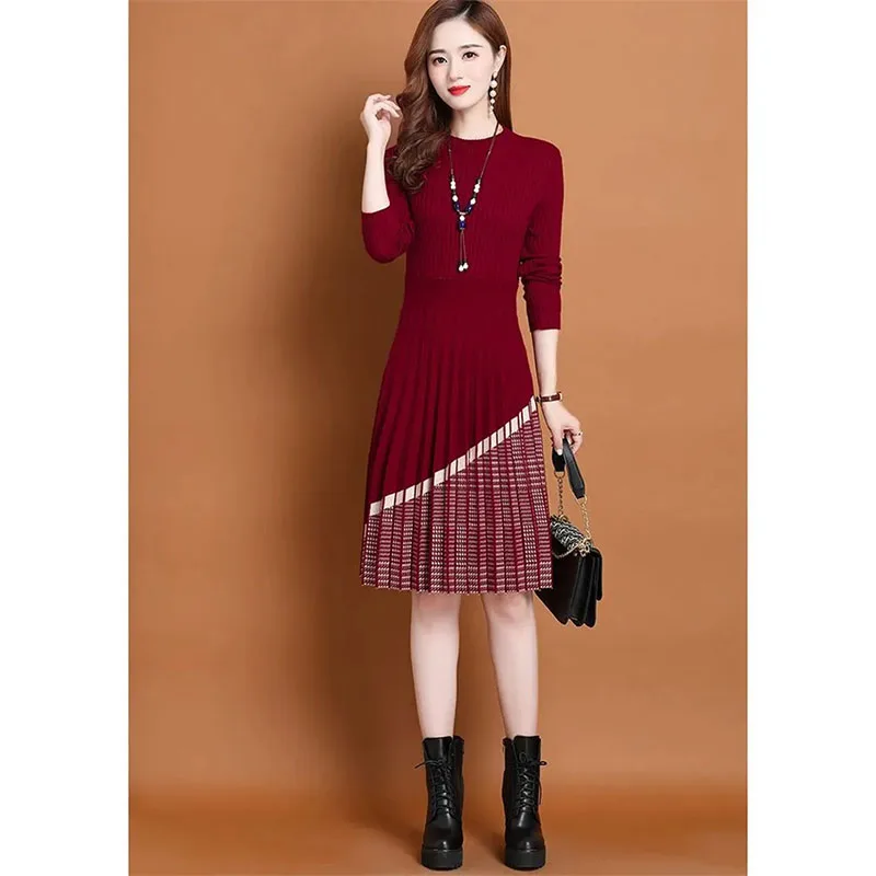 Color Matching Sweater Dress Women's Autumn Winter 2025New Slim Round Neck Knitwear Fashion Bottoming Shirt Vestidos Ladies Tide