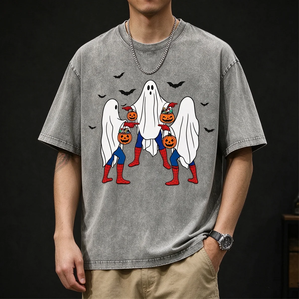 Unisex Vintage Washed Light Grey Short Sleeve Tee Halloween Ghost Pumpkin Graphic Great Gift Crew Neck Tops for Men Women