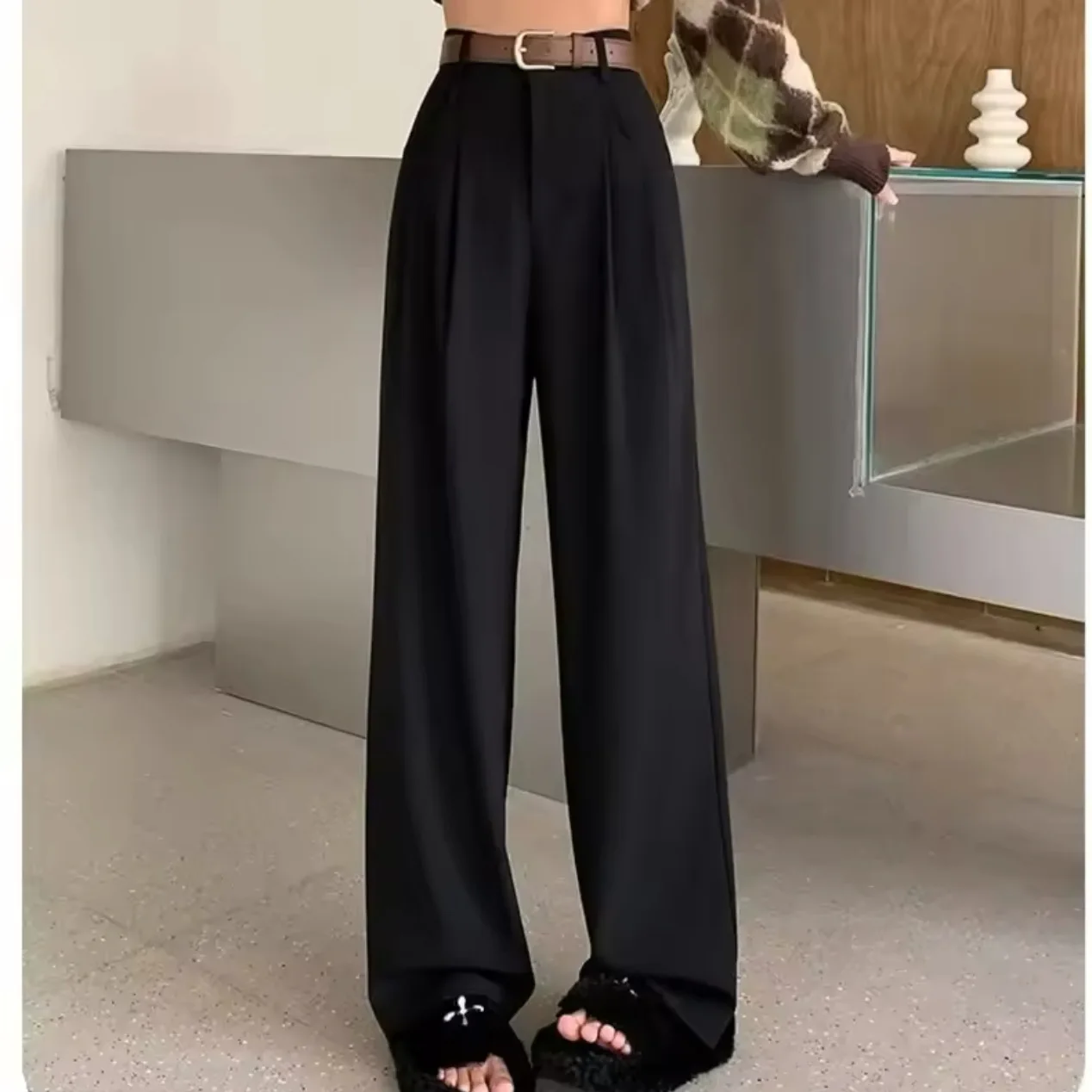 Wide Leg Pants Elastic Waist Rhinestone Womens Winter Cashmere-Style Plush High-Waisted Padded Lined Lounge Gentle Embossed Cozy