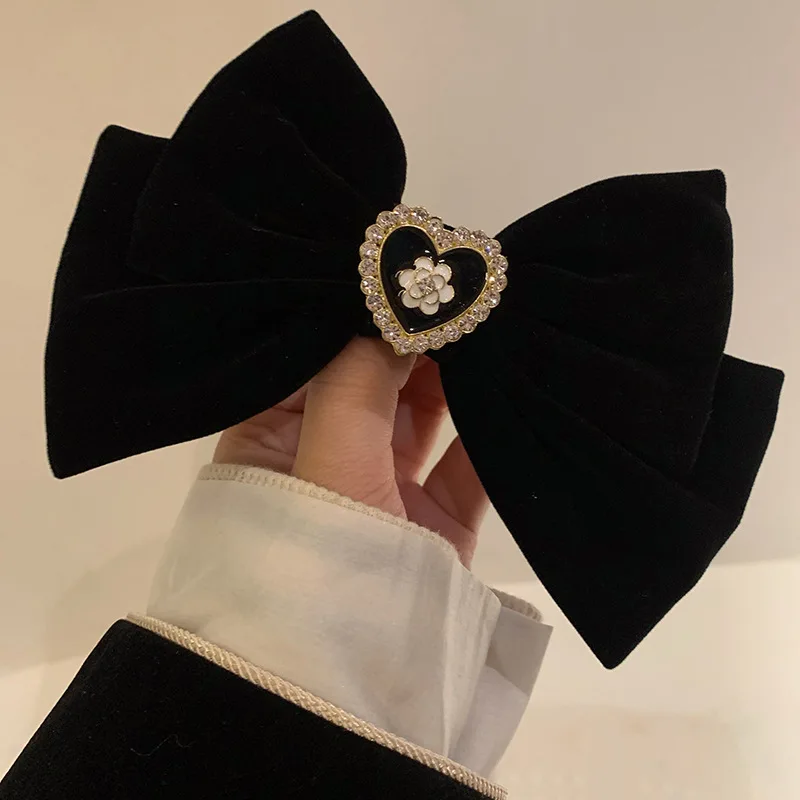 Hada Retro terciopelo negro Bowknot perla grande Clip de primavera parte posterior de la cabeza pinzas decorativas para el cabello para mujeres y