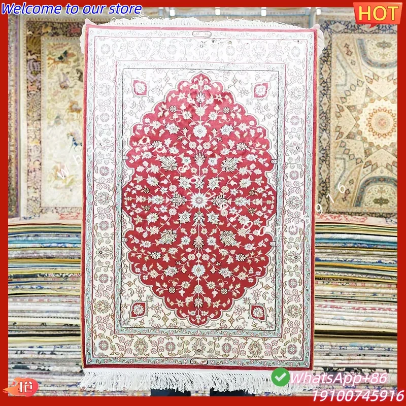 CECertificate 61x91cm Vintage Persian Turkish Hand Knotted Silk Carpet Floral Pattern Low Pile Washable & Stain