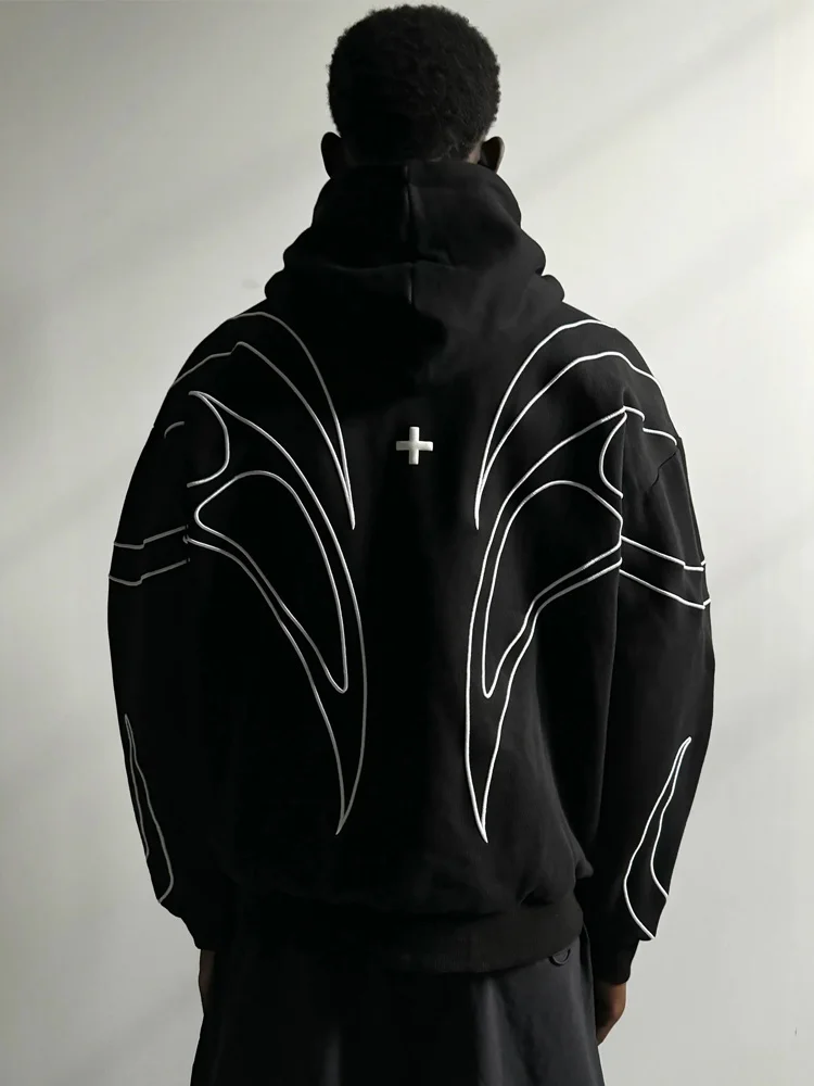 2026 Autumn Unisex Y2K Goth Hip Hop Streetwear Abstract Line Printed Two Zip Up Long Sleeve Loose Hoodie