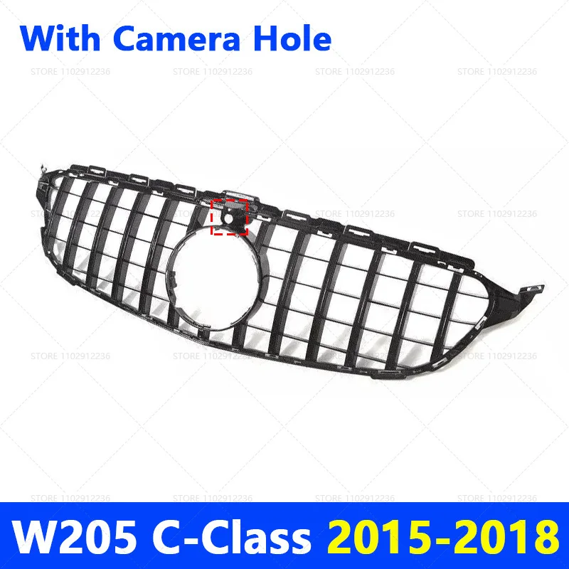 for 2015-2018 2019-2021 W205 C-Class Mercedes Benz C180 C200 C250 C300 C400 GT Front Bumper Grille Hood Grill With Camera Hole