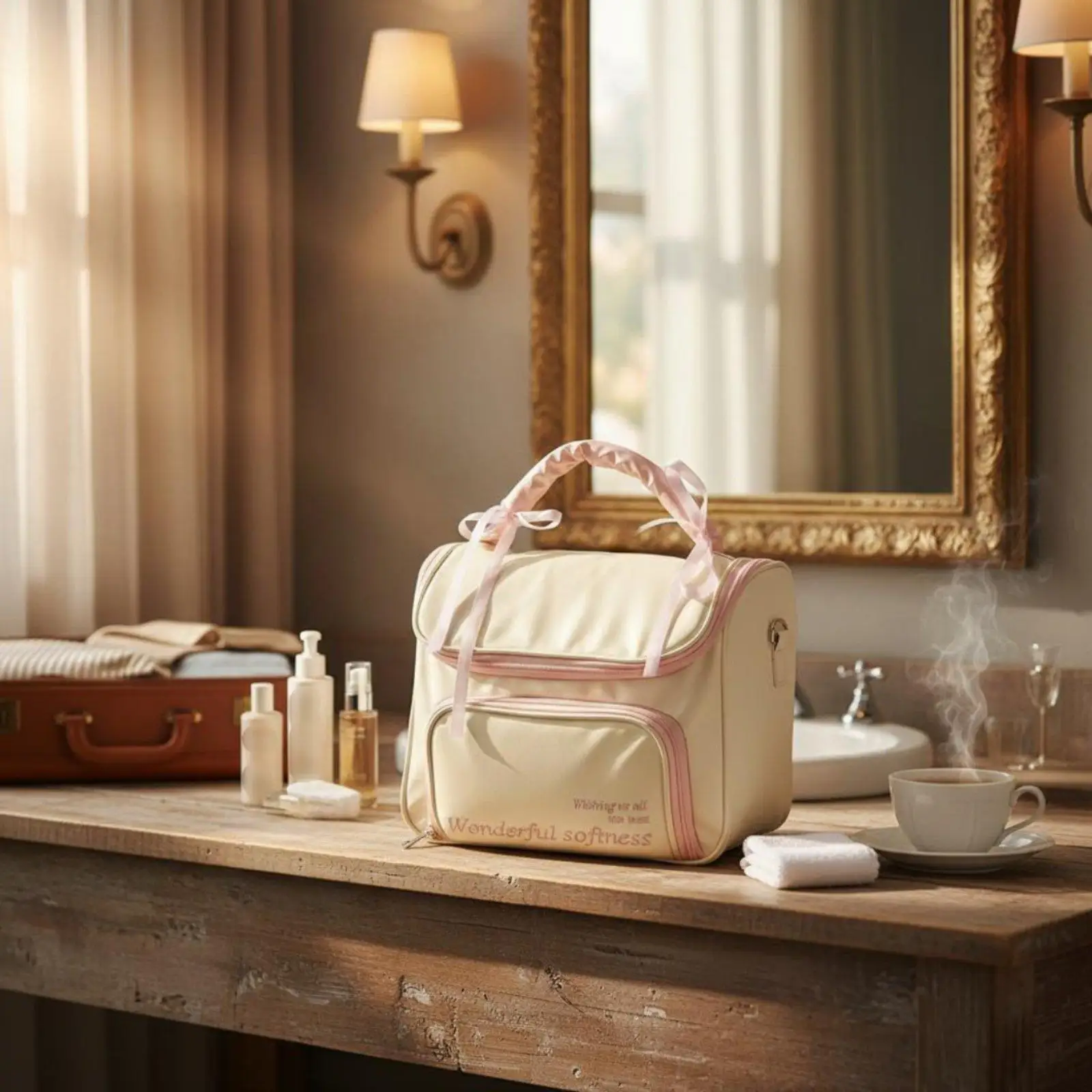 Women Makeup Pouch Leather Makeup Organizer Big Capacity Cube Cosmetic Case with Ribbon Embroidery Travel Toiletry for Women