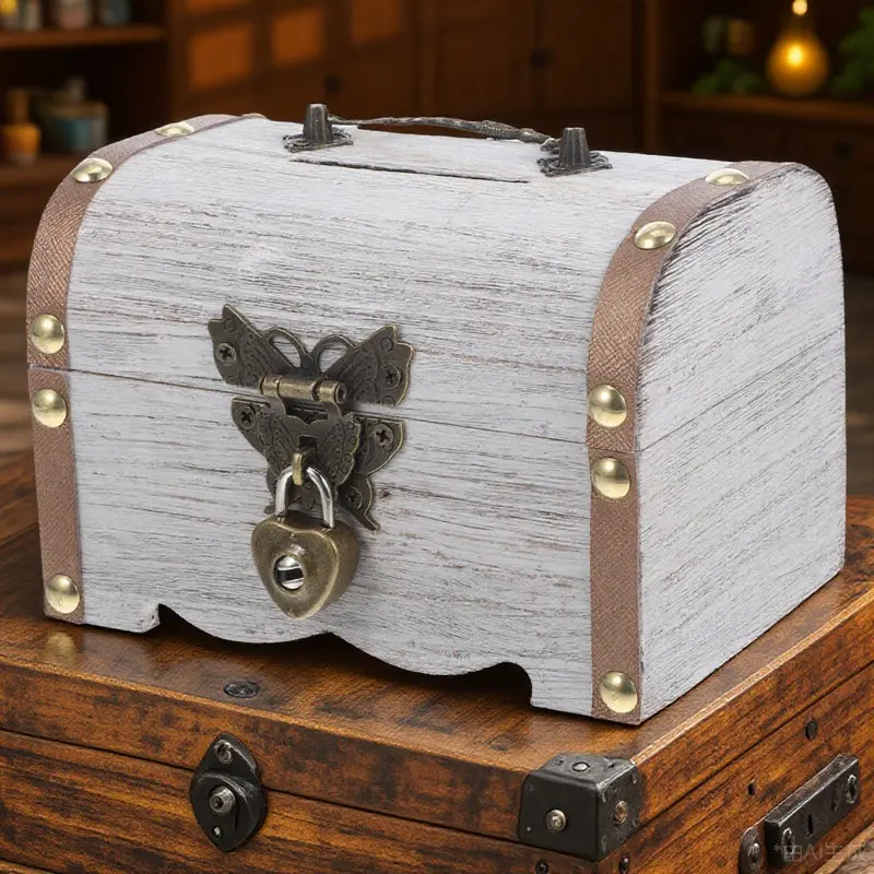Rustic Wooden Vintage Coin Bank Lockable Money Storage Box Decorative Treasure Chest Keepsake Box Wooden Coin Bank