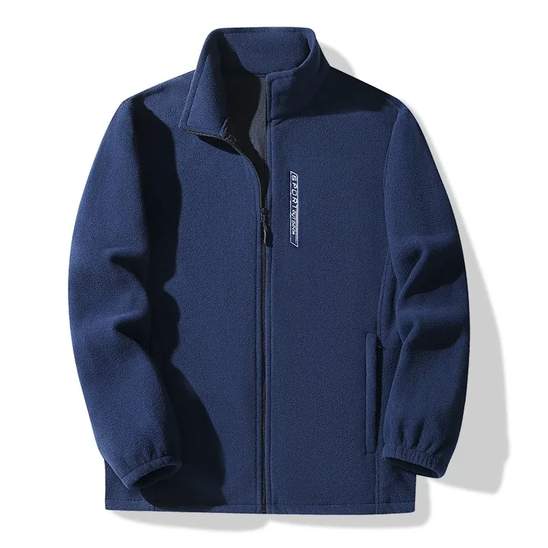 เสื้อแจ็คเก็ตตกปลาแบบสปอร์ตสำหรับคู่รัก สีพื้น เนื้อผ้าฟลีซบาง เสื้อโค้ทผู้ชาย คอตั้ง สำหรับวัยกลางคน เสื้อโค้ทฟลีซสองด้านให้ความอบอุ่น