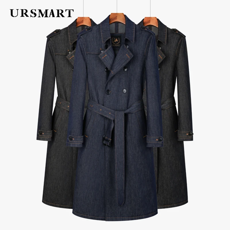 Denim Windbreaker Men's Cotton Colorless Classic  Double breasted  Long Knee Length Men's Thickened linner Warm trench coat men