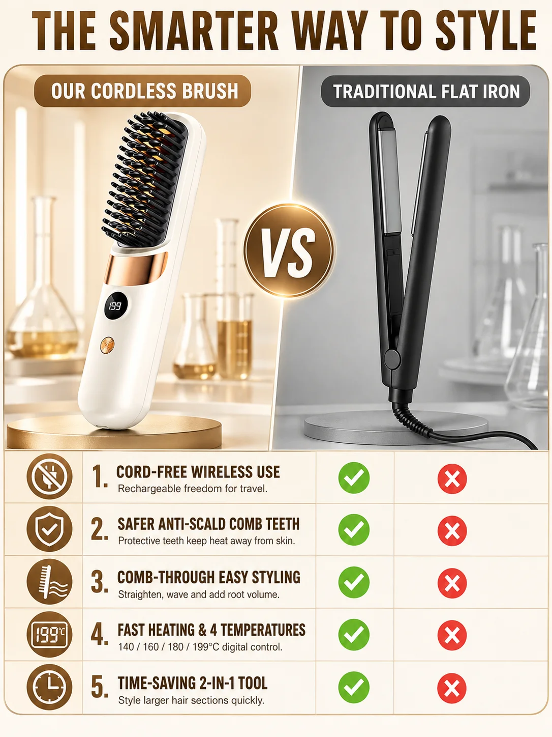 Hair Straightener Mini Electric Comb Anti‑Scald Teeth USB Rechargeable Fast Heating 2‑in‑1 Straight & Curly Hairstyle