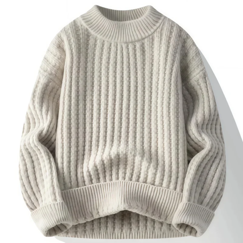 New Autumn and Winter Solid Color Ribbed Knit Sweater, Half-Turtleneck Thick Warm Chunky Knit Pullover, Loose Retro Vertical Stripe Casual Base Layer Sweater, Unisex