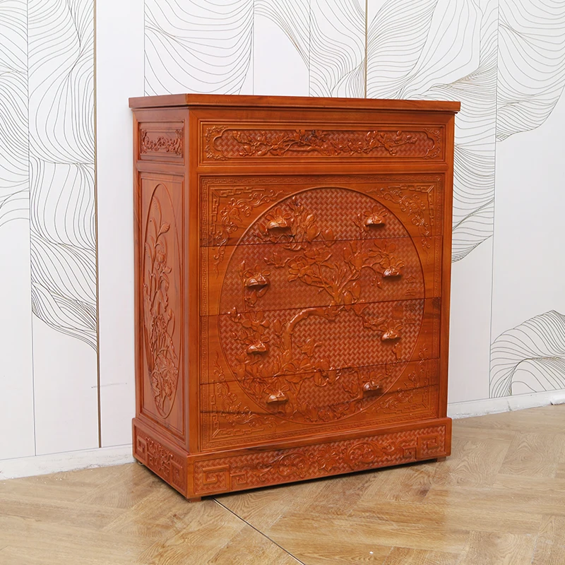 

New Chinese camphor wood chest of drawers carved bucket cabinet storage solid wood cabinet bedroom cabinet
