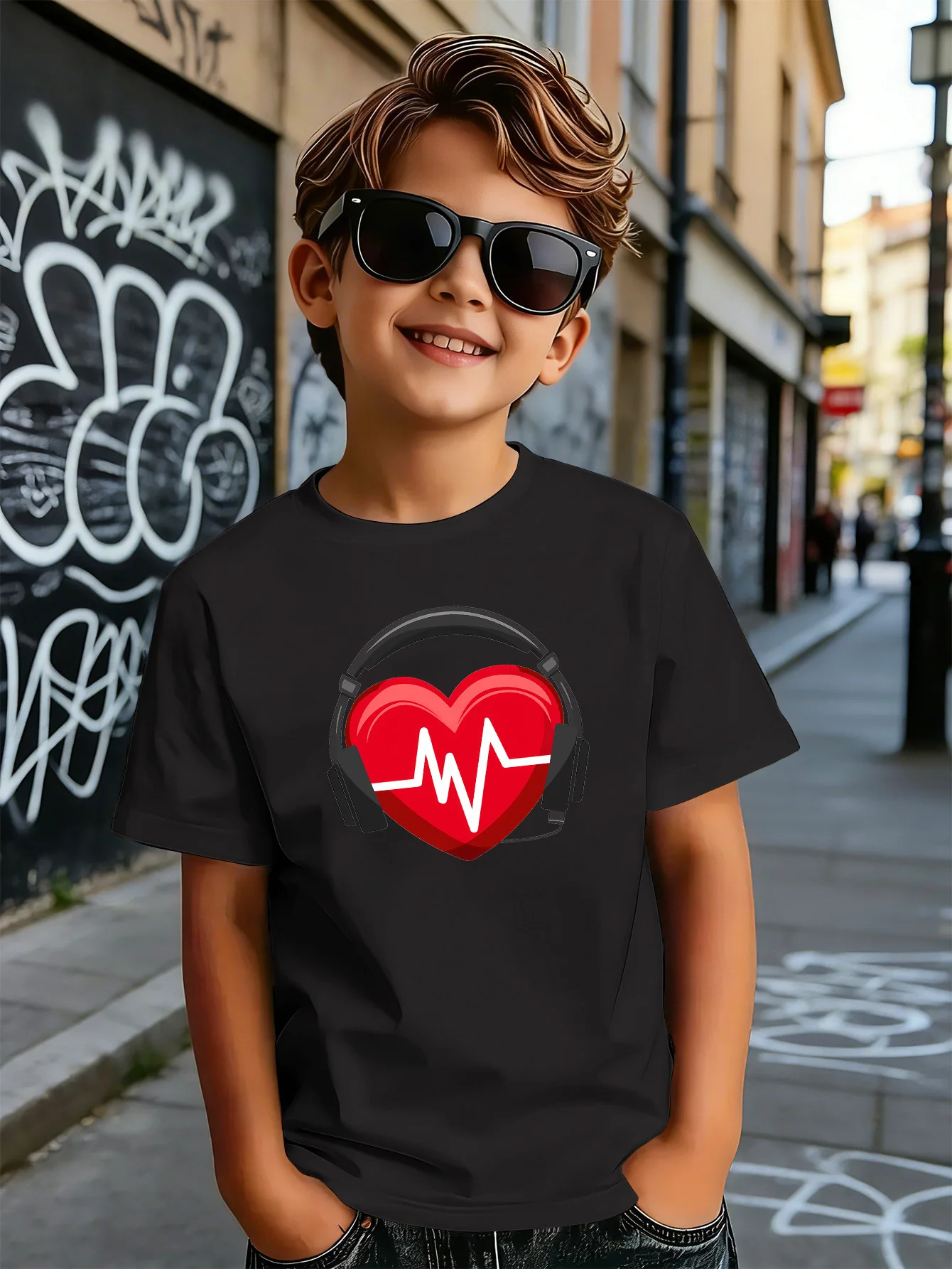 Heart Headphone ECG Pattern Print Kids T Shirt Boys Girls Parent Child Matching Soft Cotton Casual Short Sleeve Basic Daily Tees