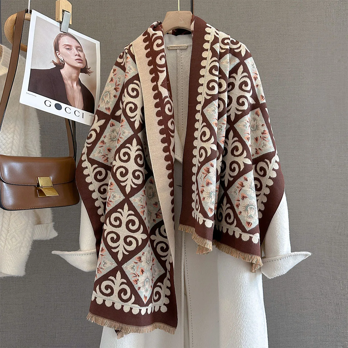 Selendang Kasmir Cetak Duplex Musim Dingin Model Terbaru Wanita Berkualitas Tinggi Tebal Selendang Pashmina Jacquard Mewah