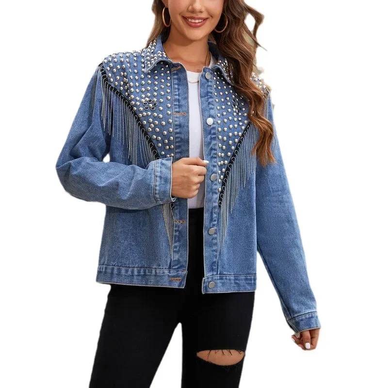 

Hand-studded Rivet Tassel Women Denim Jacket Overcoat Female Jeans Jacket Loose Coats 2024 New Autumn Outwear Boyfriend Jacket