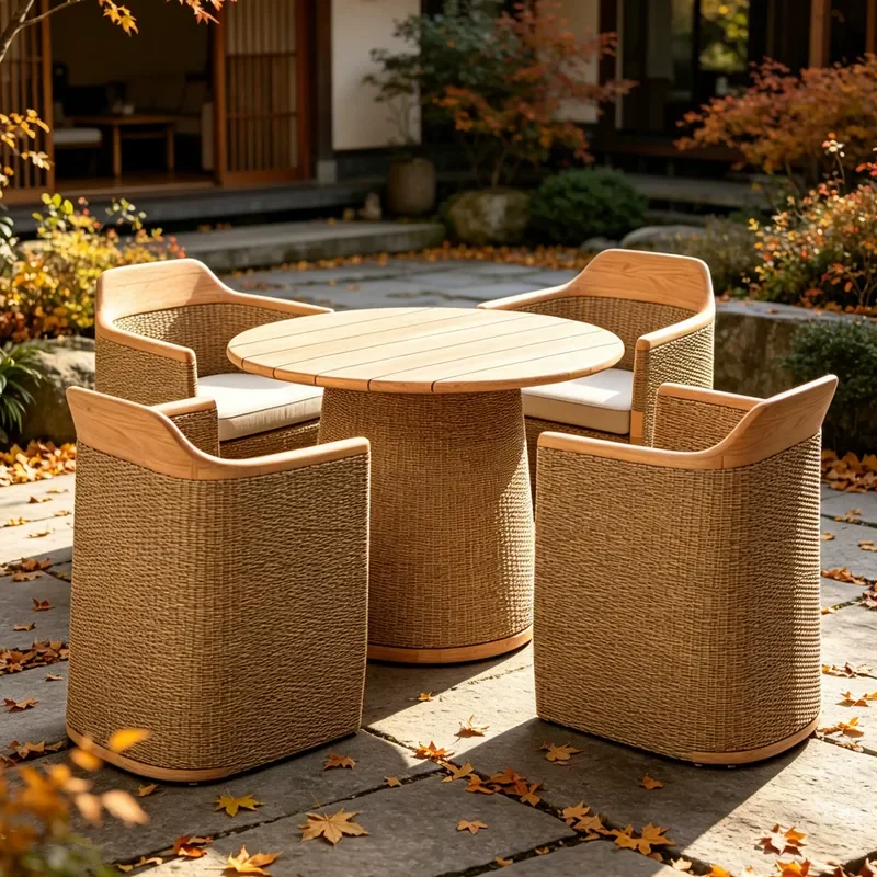 Nordic Solid Wood Rattan Table Chair Set Outdoor Balcony Leisure Furniture One Table Two Chairs Three Piece Set