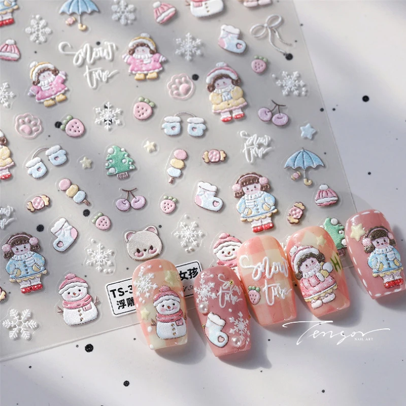 Snow Girl Women Winter Snowman Stawberry Tree Candy Umbrella Cherry 3D Self Adhesive Nail Art Stickers Snowflake Manicure Decals