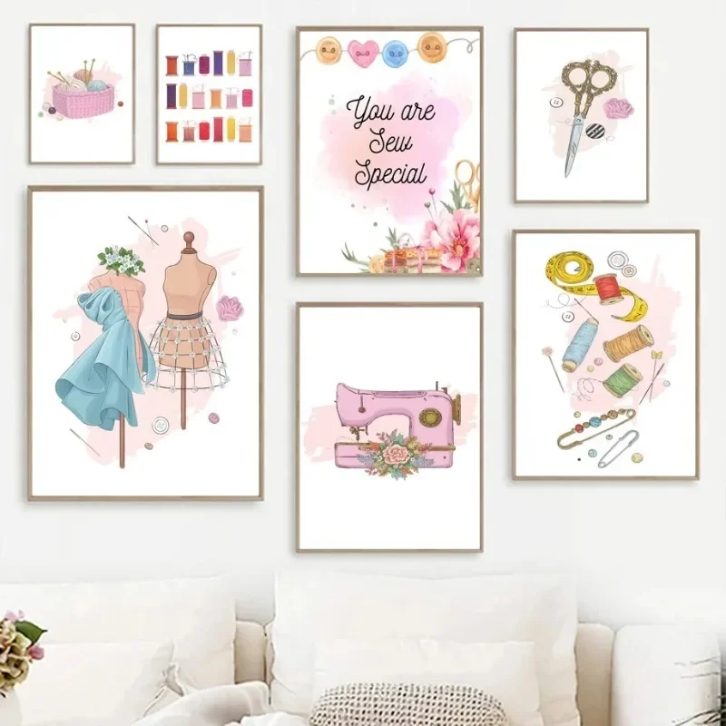 Unframe Dress Machine Needle Thread Scissors Beautiful Sewing Wall Art Posters Minimalist Print Canvas Painting for Home Decor