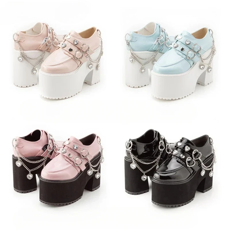 

Japanese Ins Retro High Heel 2024 New Spring Sweet Women's Rhinestone Chain Mary Jane Shoes Mine Lolita Girls JK Shoes Loafers