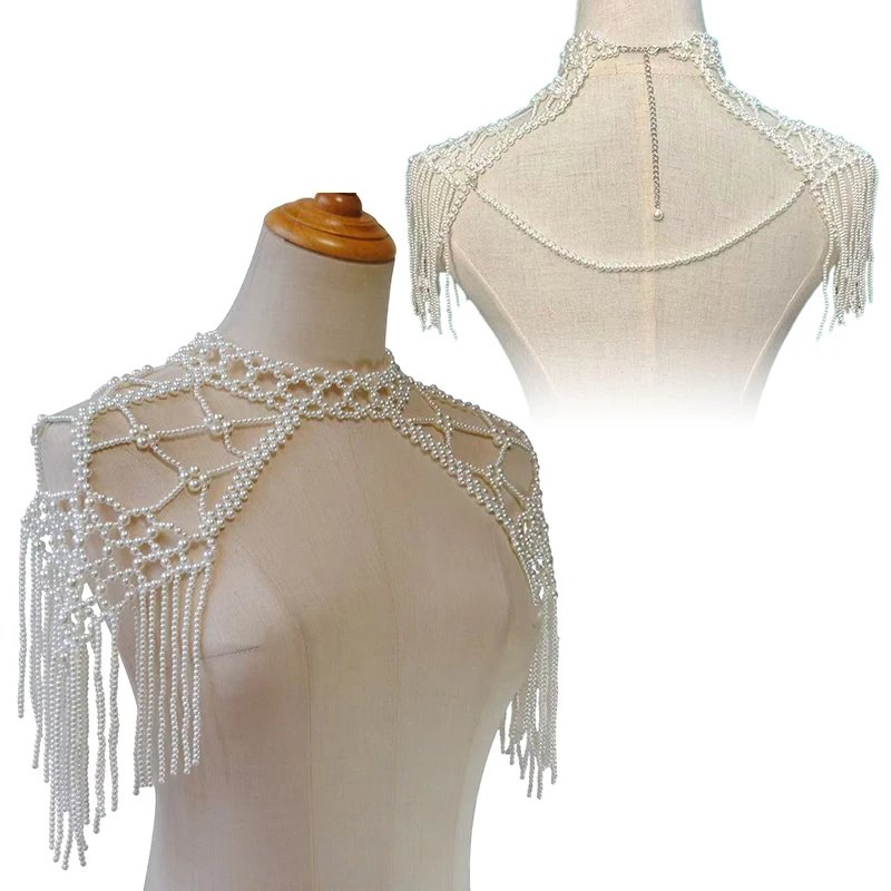 Handmade Beaded Tassel Shawl Ivory Pearl Body Chain Bridal Shoulder Cape for Wedding Party Prom Evening Gown Accessory