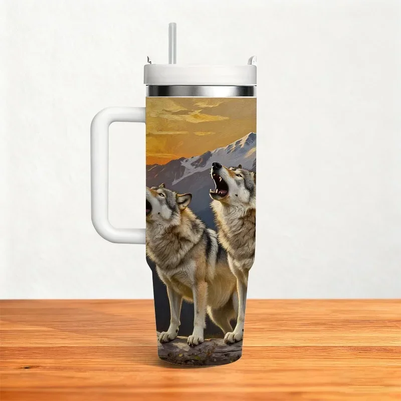 Stainless Steel 40Oz Insulated Tumbler, Digital Print of Two Howling Wolves on Log Under Sunset Mountain Wilderness Scene, Reusable Cold & Hot Drink Cup for Daily Commute, Outdoor Camping & Office Use