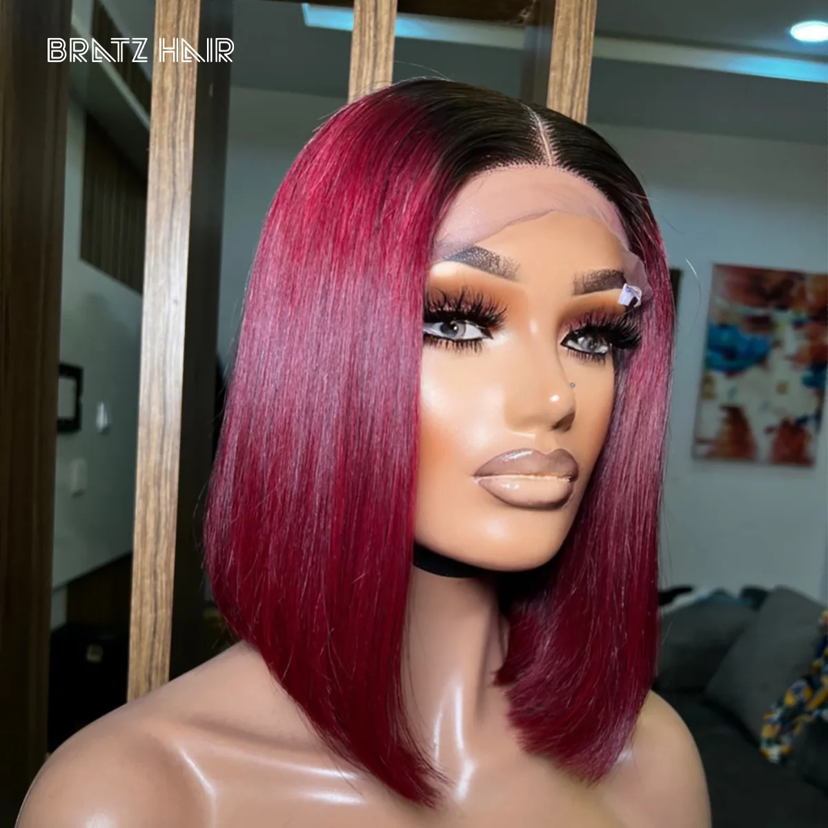 Super Double Drawn Vietnamese Bone Straight 10 Inches Bob Wig Human Hair 2x6 Lace Closure Ombre Wine Color with Dark Roots Bob