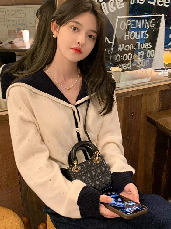 

Белый вязаный открытый кардиган, пальто, женский осенне-зимний дизайн, маленький свитер Ence, верхняя одежда, темно-синий топ с воротником