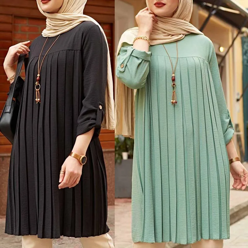 Muslim Women Islamic Tunic Pleated Long Sleeve Lady Long Shirts Abaya Dubai Vintage Blouse Spring Autumn Chemise Femme Musulmane