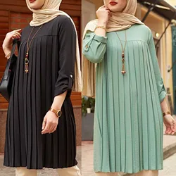 Muslim Women Islamic Tunic Pleated Long Sleeve Lady Long Shirts Abaya Dubai Vintage Blouse Spring Autumn Chemise Femme Musulmane