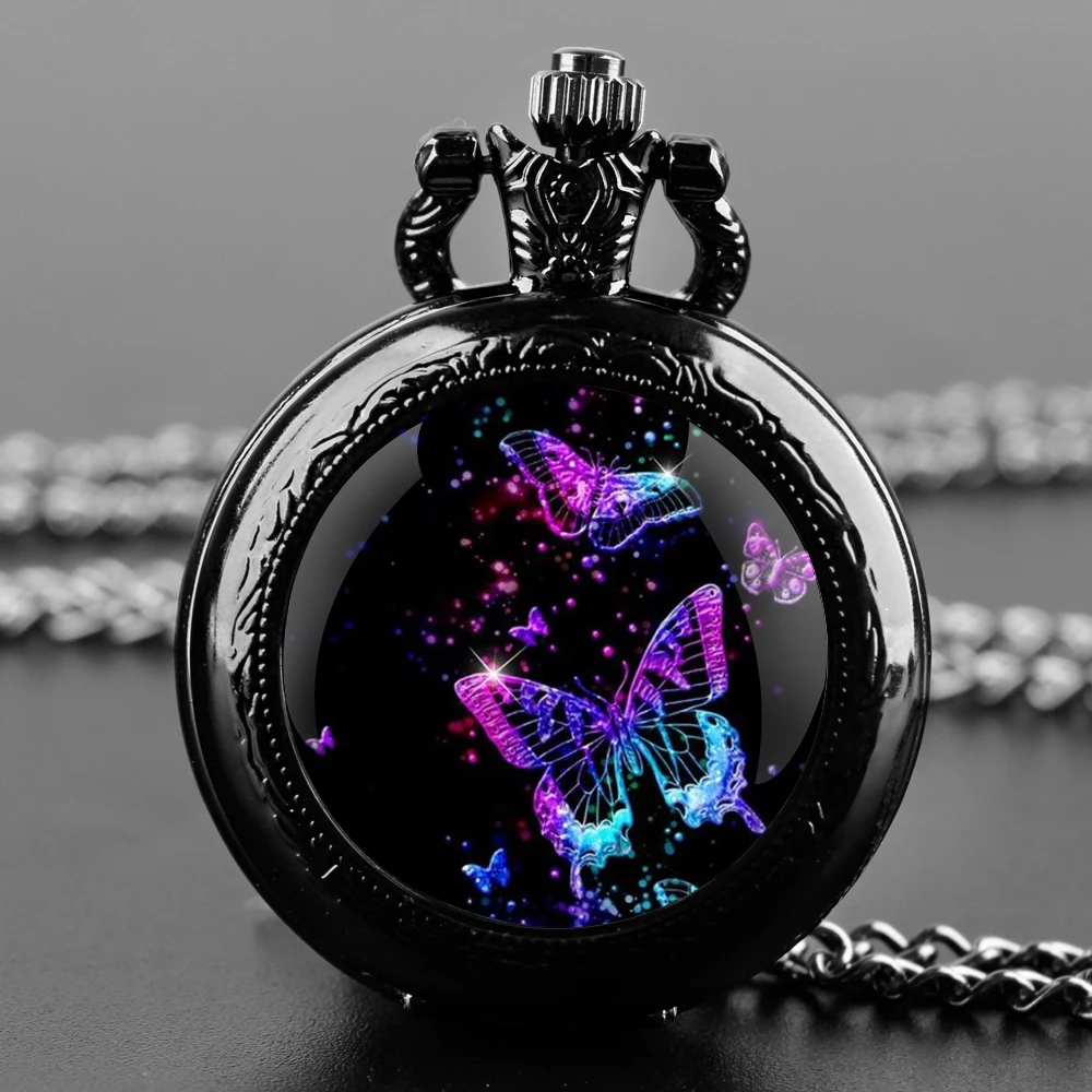 Orologio da tasca al quarzo nero con cupola in vetro a farfalla con quadrante con numeri arabi e catena resistente, regalo per uomini e donne
