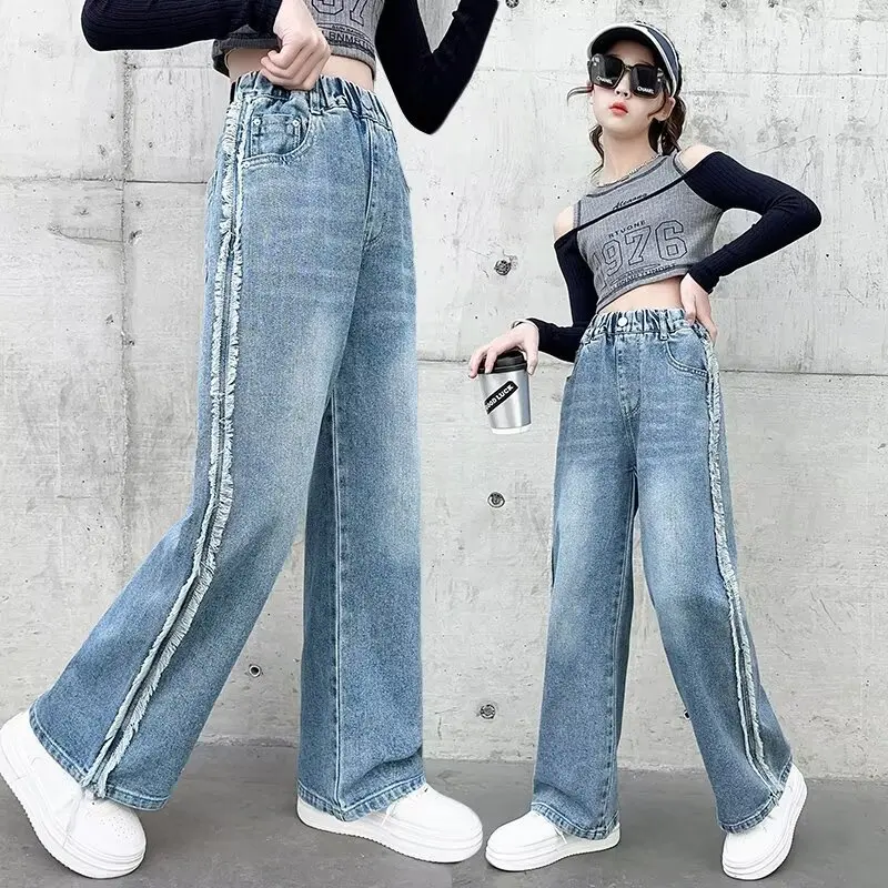 

Girls' Jeans Spring And Summer New Style Children's Straight-leg Medium And Large Children's Wide-leg Spring Loose Trousers