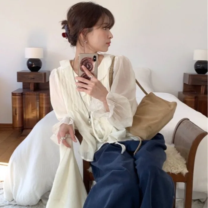Anti-Aging Long Sleeve Shirt Wave Collar Pleated Micro-Light Belted Women's Loose Fit Bubble Sleeve Summer Fashion Ladies' Shirt 3