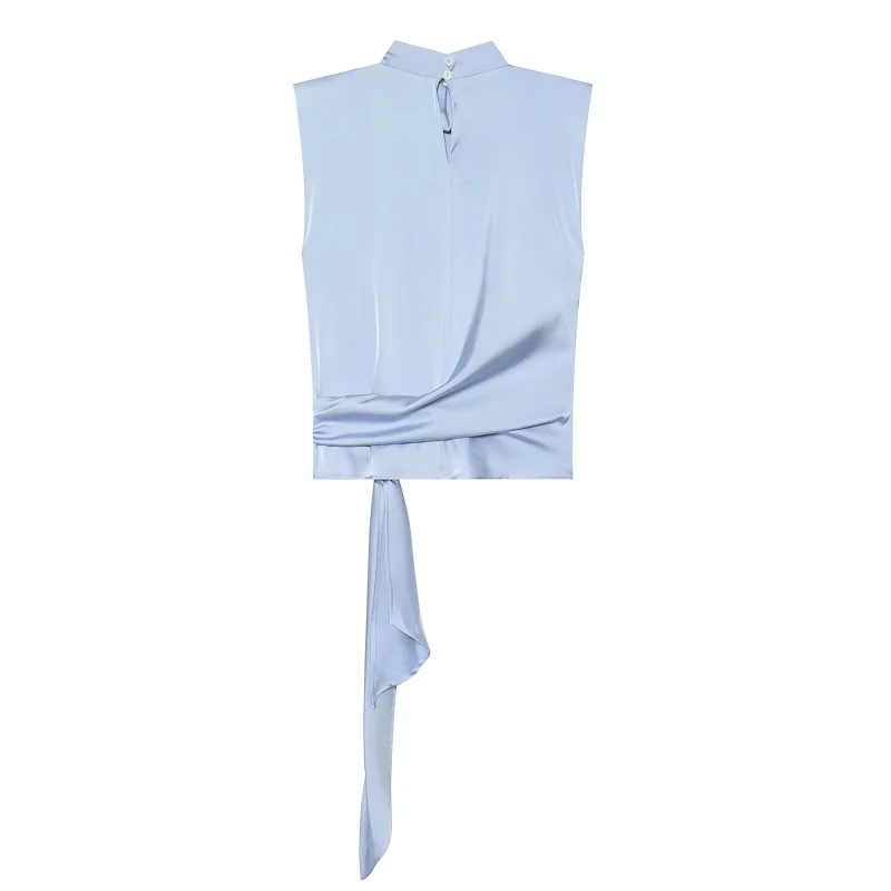 MUJER 2026 Satin Ärmellose Tops für Damen Schleife Plissiertes Crop-Top Sommer Tanktop mit Schulterpolstern Strand Damen-Oberteile – Detail 3
