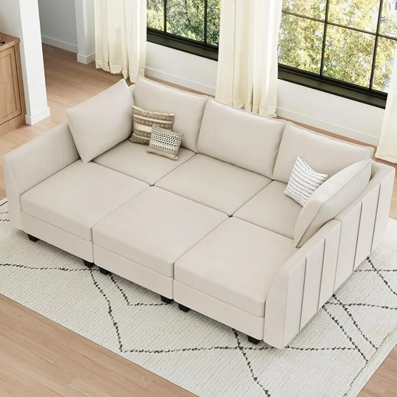 Modular Sectional Sofa Sleeper Sectional Couch with Storage Velvet Sofa Bed for Living Room, 6 Seats, Beige