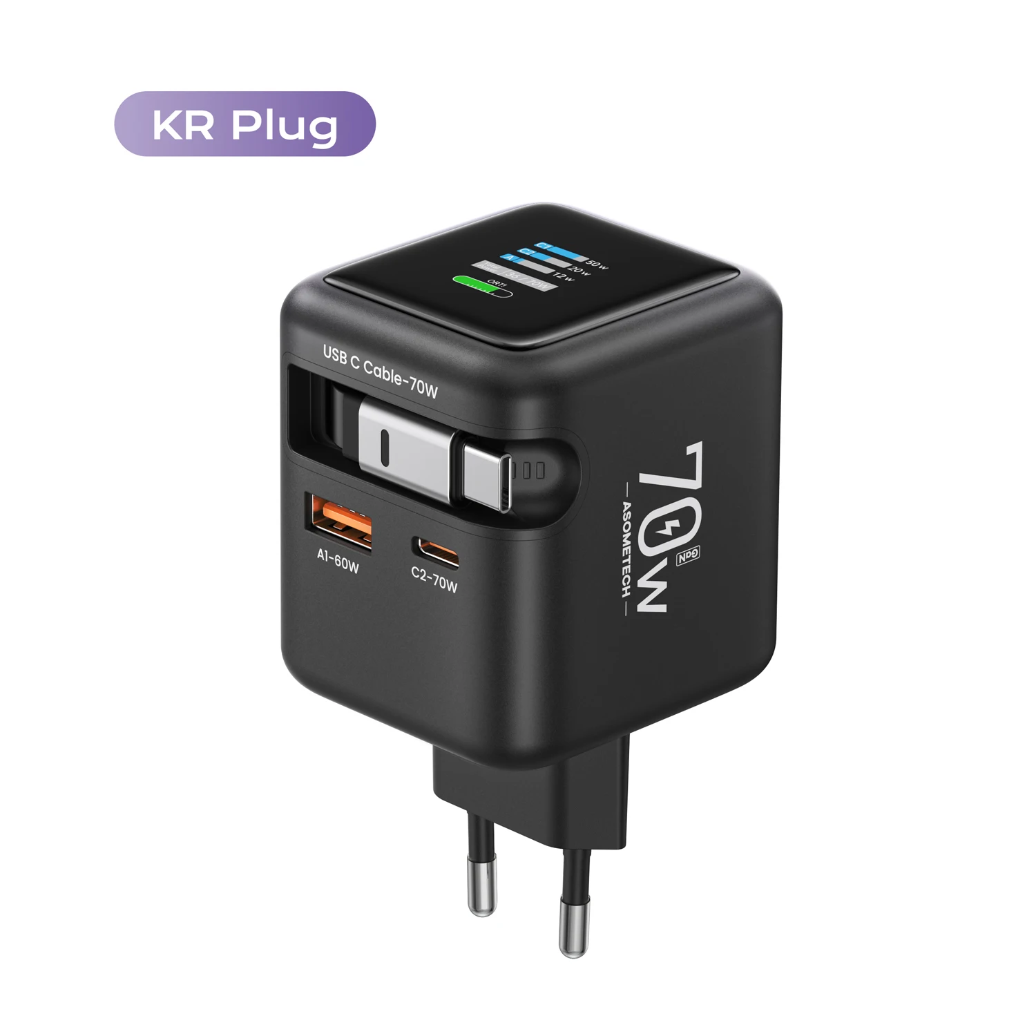 70W GaN snellader met Type-C intrekbare kabel 3 IN 1 PD3.0 QC4.0 PPS snel opladen voor IPhone 16 15 14 Xiaomi tabletlaptop