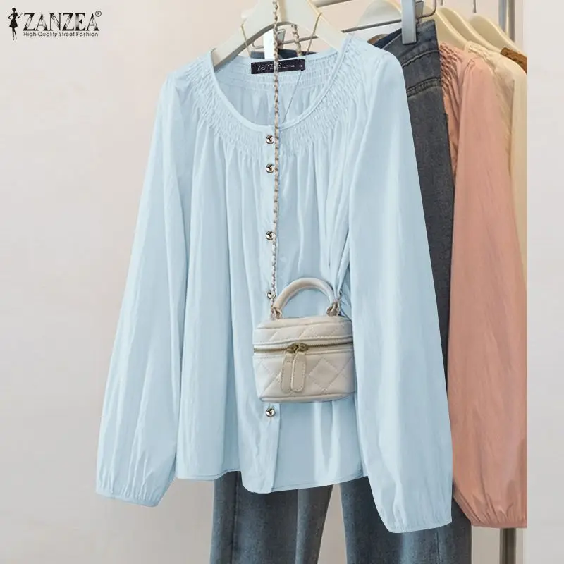 

Рубашки ZANZEA в стиле ретро для женщин, повседневные блузки с круглым вырезом и длинными рукавами на пуговицах, весна-лето 2026, однотонные женские рубашки