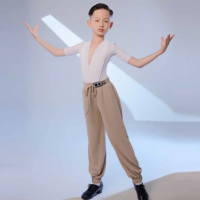 

Latin Dance Competition Suit Boys Ballroom Tango Performance Costume Practice Wear Dancer White V-Neck Tops Pants Summer AMY352
