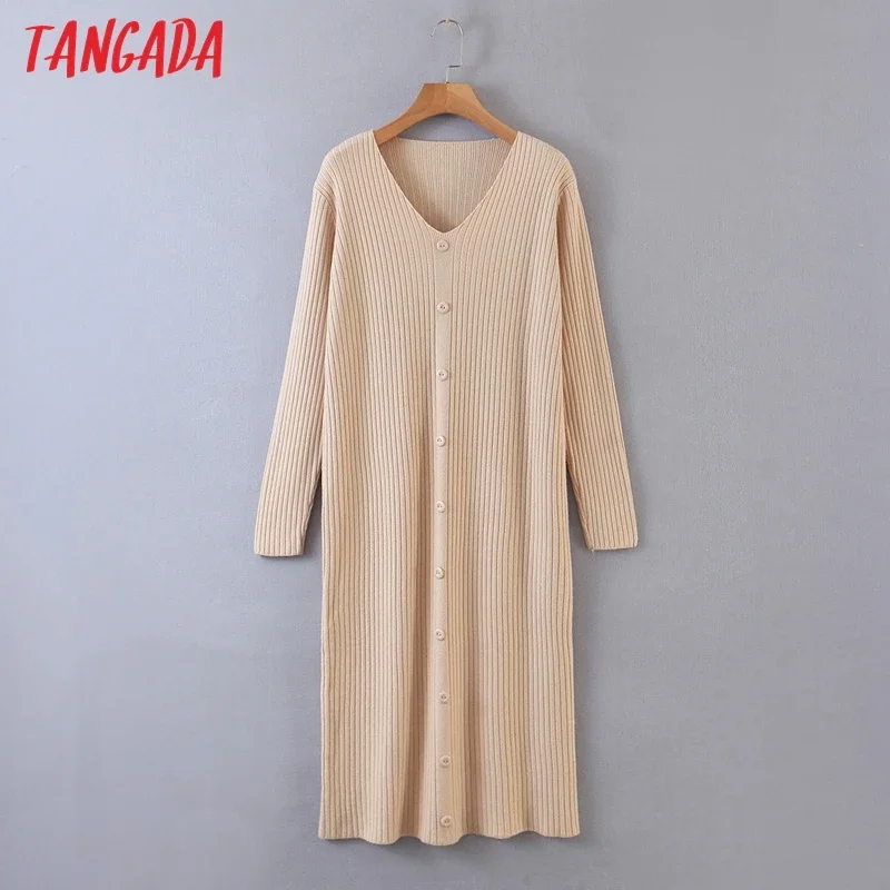 Tangada 2022 Fashion Women Solid Elegant Sweater Dress Loose Long Sleeve V Neck Ladies Warm Midi Dress QB234