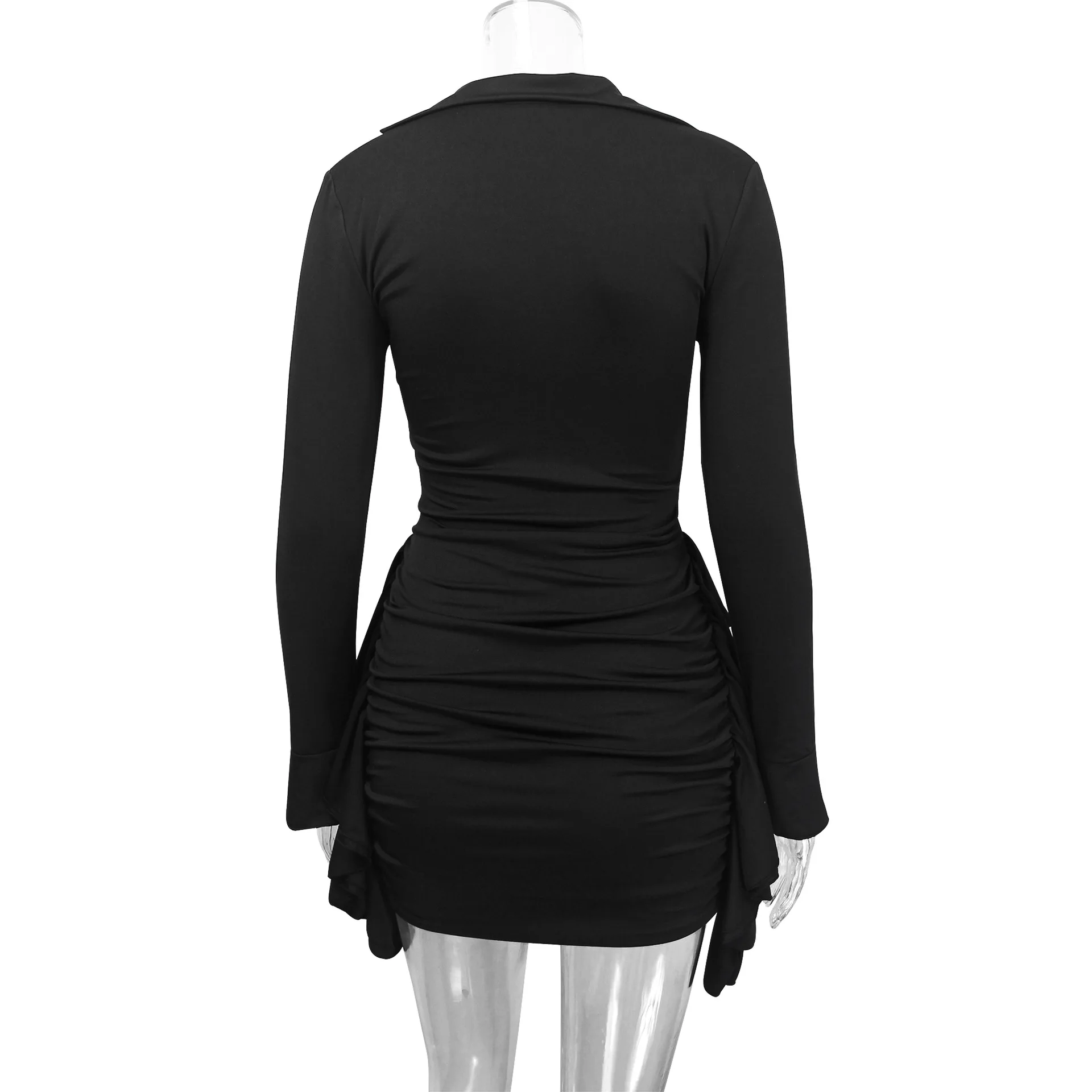 Sexy side rufled mini Dress For Women long Sleeve Bodycon hollow outed  Dresses High Waist Solid Package Hip Dress