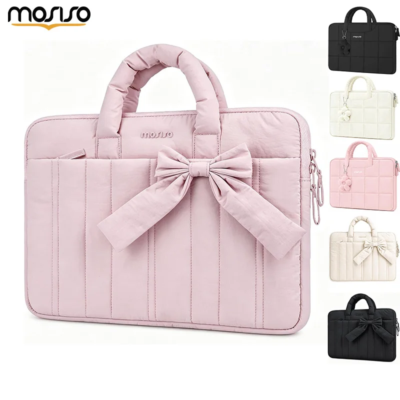 MOSISO 13-13.3 Inch Puffy Laptop Sleeve Pink Quilted Bag with Bow Handle for MacBook Air Pro 13 14 HP Dell ASUS Lenovo