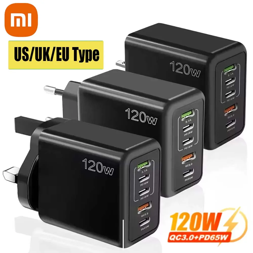 Xiaomi 120W Fast Charger USB C Multi Ports PD Quick Charge 3.0 Wall Phone Adapter for iPhone Samsung Huawei Xiaomi Devices