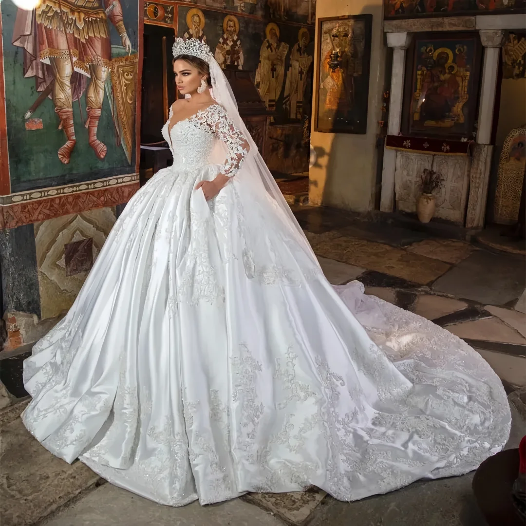 Customized Satin Wedding Dresses Party Pricess Puffy Lace Pearls Long Sleeves Sheer Neck Bridal Gowns  Vestido De Novi
