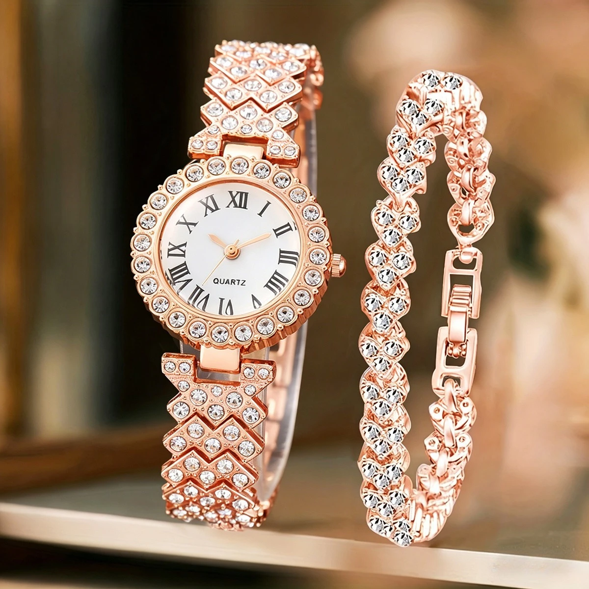 2PCS Fashion Rhinestone Women's Watch Bracelet Set Ladies Quartz Watches Reloj Mujer Girls Clock Gift（Without Box）