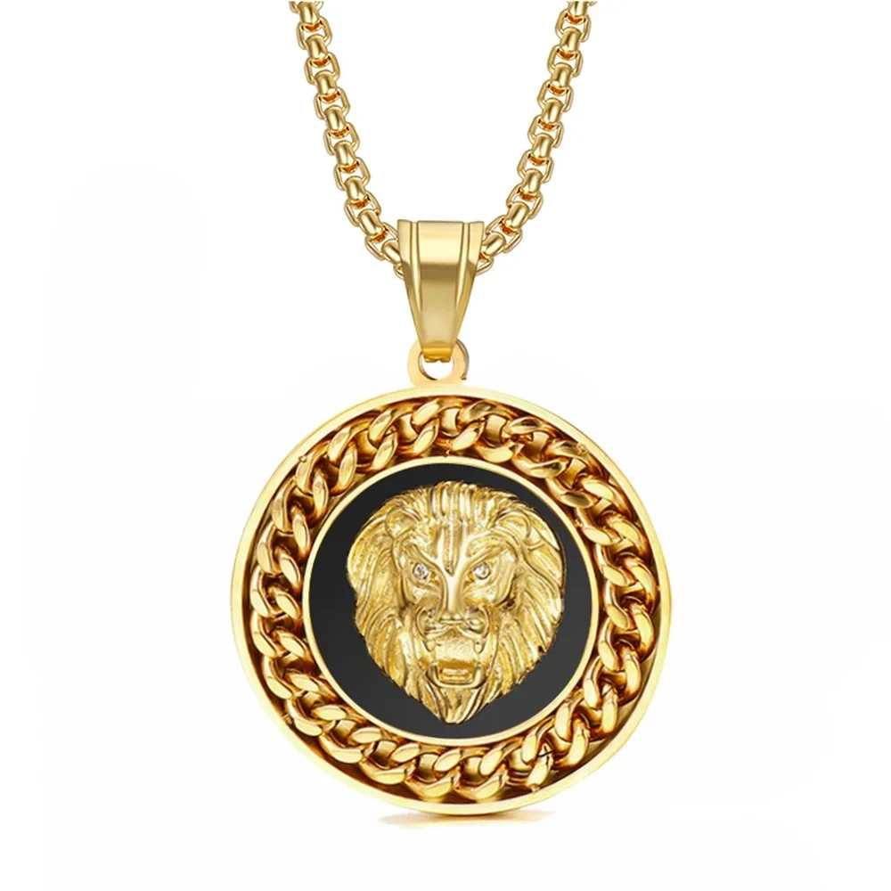 Mens Lion Head Necklace Pendant With Cuban Chain Male Hip Hop Gold Color Stainless Steel Animal Necklace Golden Jewelry Dropship