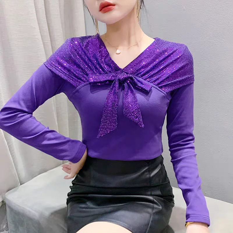 High Quality Fashion Women Luxury Inlay Sequined T-Shirt Sexy V-Neck Long Sleeved Tops Autumn Girl Shiny Bow Cotton Slim Tees