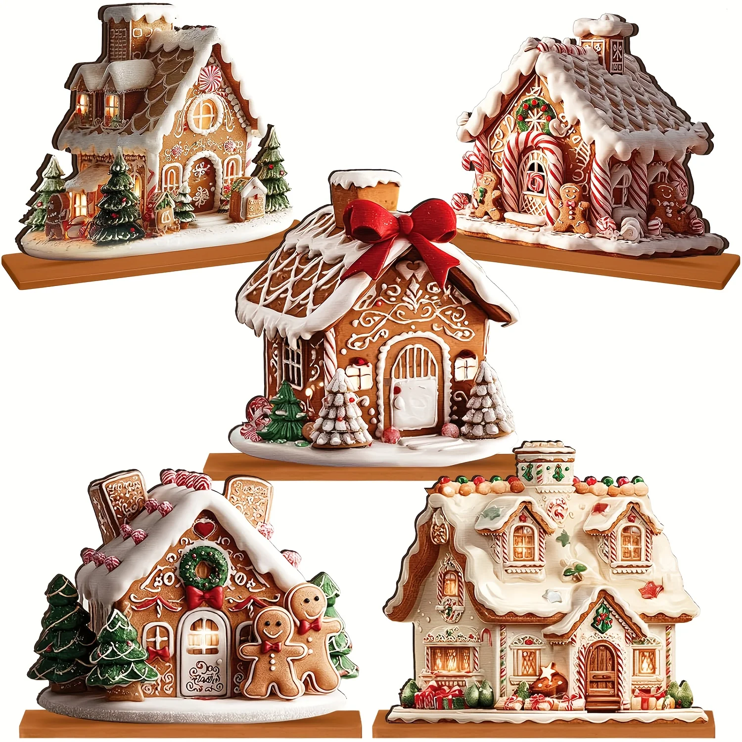 5-Piece Gingerbread Christmas Table Decorations Wooden Gingerbread House Ornaments Christmas Centerpiece Decorations Winter