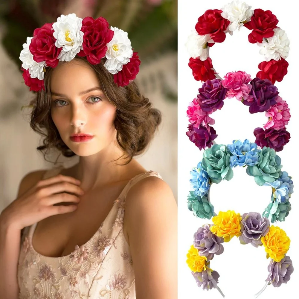 Modisches Rosenblüten-Stirnband für Damen, Braut-Blumenkranz, Bohemian Haaraccessoire, Hochzeits- und Festival-Kopfschmuck, Party-Deko – Detail 3