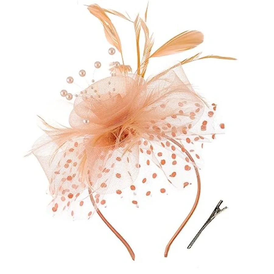 Women's Fascinators Tea Party Wedding Mesh Flower Pearl Feather Fascinator Hat with Headband and Clip