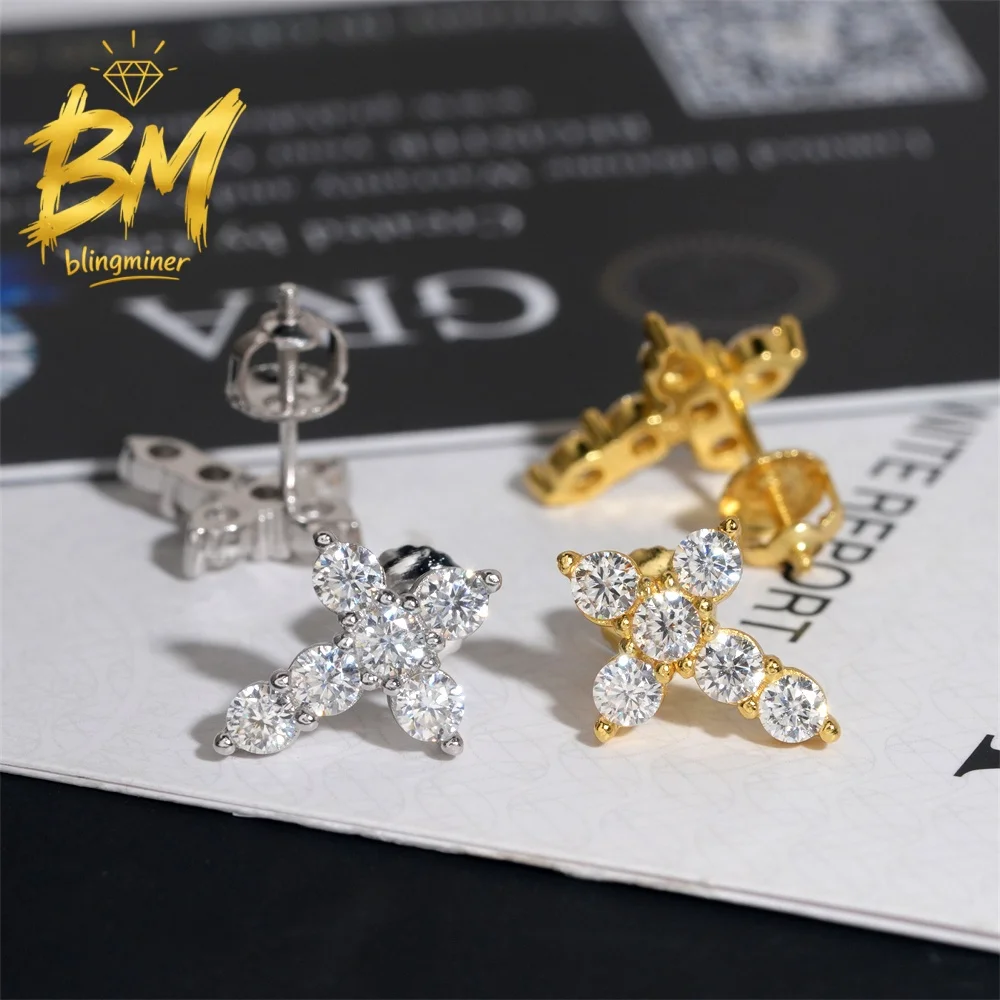 Blingminer Bling Cross S925 Silver VVS Moissanite Earrings For Men Women Ear Studs Jewelry Pass Diamonds Tester GRA Free Shippin