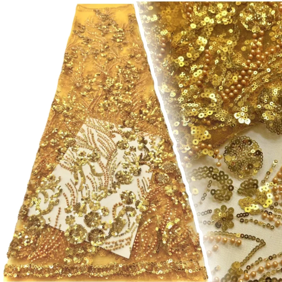 

Hot-selling New Luxury French Handmade Beaded Embroidery Lace Fabric African Nigerian Sequin Fabric Wedding Dress Fabric TP1094